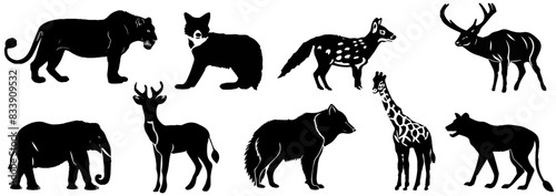 Wild animals black silhouettes. Elephant, giraffe, lion, hippo, hyena, rhin, zebra. Wild, domestic animals icons. Set of black animal silhouette.