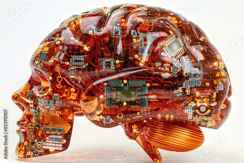 Transparent brain with circuitry  symbolizing the clear fusion of intelligence and advanced technology.
