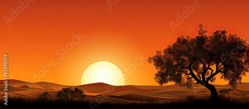 Sunset backdrop highlighting an olive tree with striking silhouettes and a warm, golden glow, perfect for a copy space image.