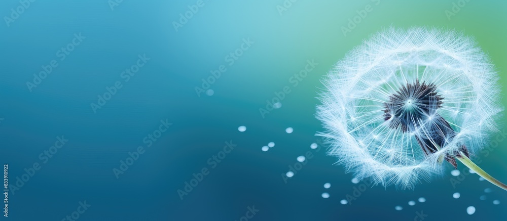 Obraz premium Enlarged image of a dandelion seed with water droplets on blue-green background, providing ample copy space for text or graphics.