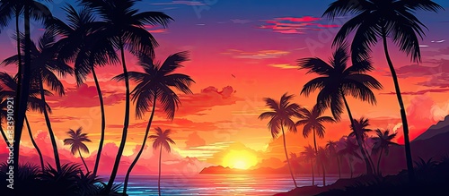 Beautiful sunset setting with palm trees in the background  suitable for copy space image.