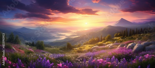 Lovely field of flowers with a stunning sunrise, ideal for inserting text or images (copy space image). © vxnaghiyev