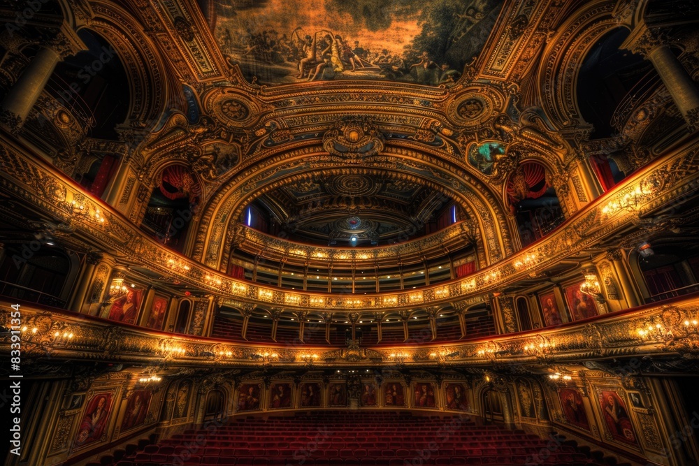 Obraz premium A shot of the inside of a large theater with red seats and chandeliers