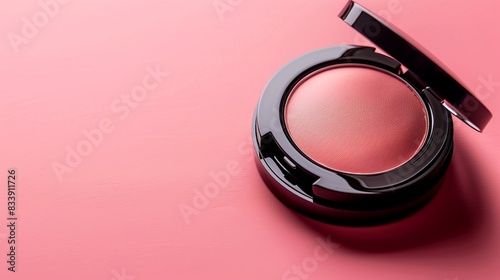 Elegant blush compact with copy space for text on a plain pink background, luxury beauty ads