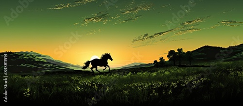 A silhouette of a horse tro...