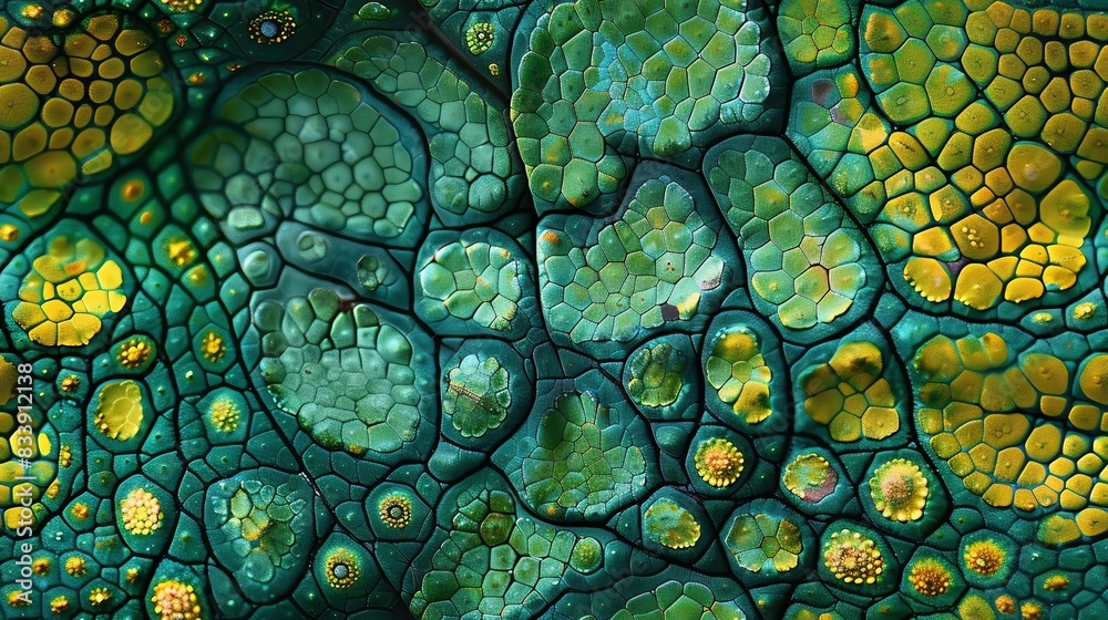 Fototapeta seamless pattern of chameleon skin, reptile print texture,  green with patches of yellow and blue spots background, wallpaper .	
