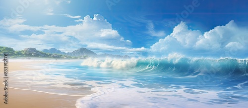 Beautiful sandy beach with waves crashing against the shore, perfect for a peaceful stroll or relaxation; ideal for a calming seaside getaway. with copy space image. Place for adding text or design