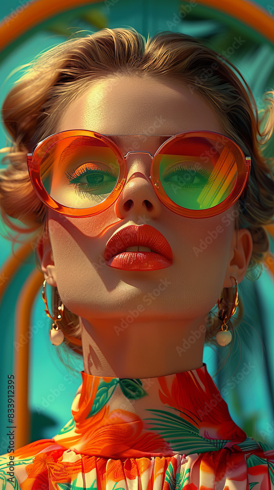 Obraz premium Retro style pastel colors summer background. Fashion woman wearing big sunglasses.