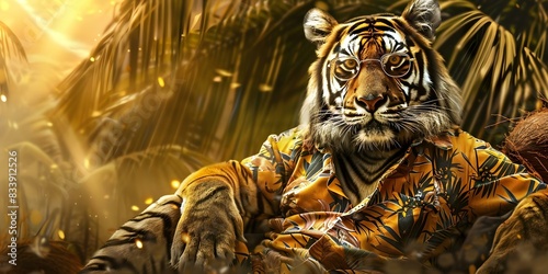 Trendy tiger in sunglasses and Hawaiian shirt relaxes amidst swaying coconut trees. Concept Tropical Vibes, Tiger in Sunglasses, Hawaiian Shirt, Coconut Trees, Relaxation