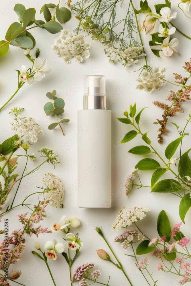 a bottle of cosmetic cream surrounded by flowers
a bottle of cosmetic cream surrounded by flowers