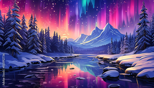 Bright winter evening landscape. River in the mountains with the northern lights. Panting oil 