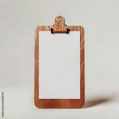 a wooden clipboard with a blank piece of paper on it
 photo