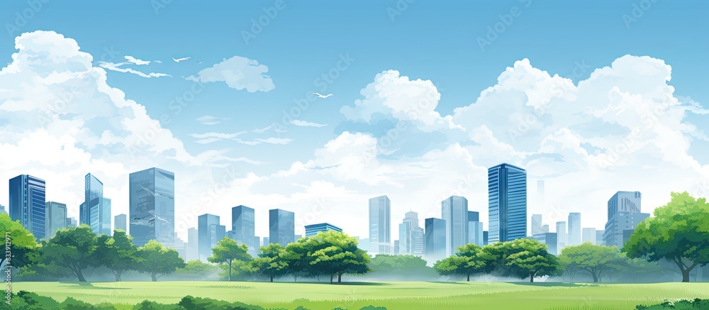 Scenic view with a blue sky, buildings, and trees, ideal for a copy space image.