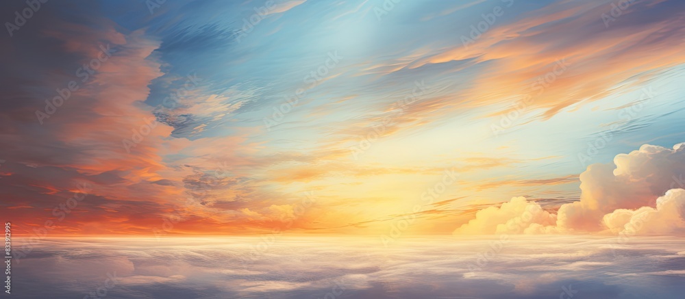Fototapeta premium Evening sky with vibrant colors painted by the setting sun, casting golden shades on dense clouds during winter twilight, creating a captivating copy space image.