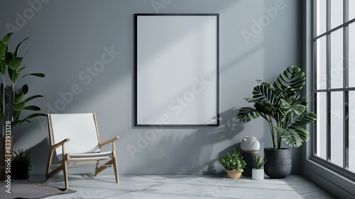 a blank frame in a room with a chair and potted plants
