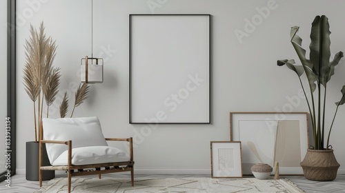 a white room with a chair, plants and a blank frame
