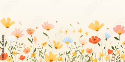 Cute cartoon flower border on a light  background, vector, clean flower summer spring greetings card wedding birthday template mockup banner design digital © Michael