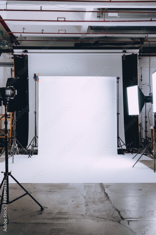 a photo studio with lights and a white backdrop
