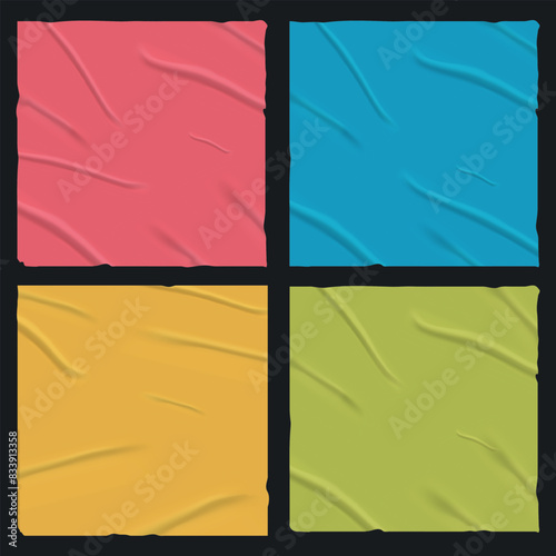 A set of poorly glued square sheets of paper with folds. Crumpled poster templates: pink, green, blue, yellow. Vector illustration.