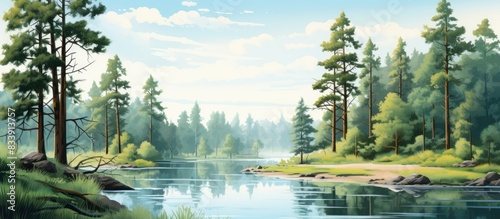 Scenic pine forest by the r...