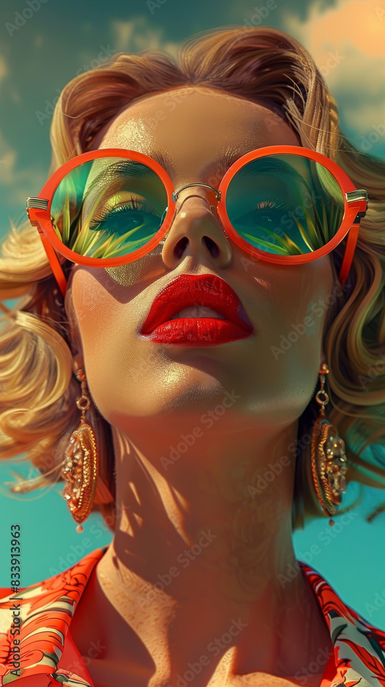 Fototapeta premium Retro style pastel colors summer background. Fashion woman wearing big sunglasses.