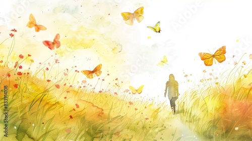 Woman walking path butterflies hope inspiration. Watercolor painting of a woman walking on a path through a field of flowers and butterflies, conveying hope and inspiration.