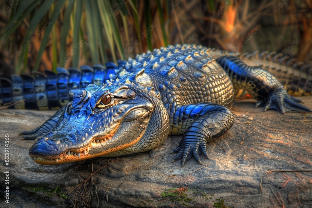 Fototapeta premium A blue and black alligator lying on a rock in natural surroundings