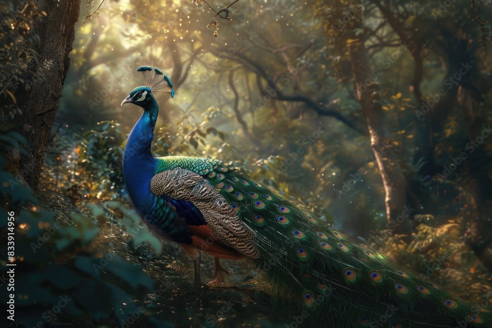 A majestic peacock stands in the middle of a serene forest, surrounded by lush greenery and tall trees A majestic peacock stands in the middle of a serene forest, surrounded by lush greenery and tall trees