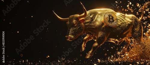 A bull made of gold stands and chases after the bitcoin logo