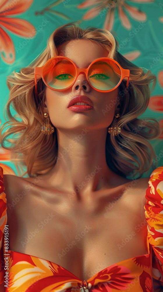 Retro style pastel colors summer background. Fashion woman wearing big sunglasses.