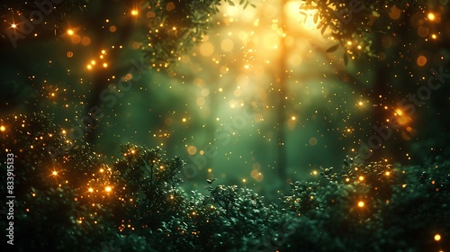 An abstract forest scene at night, fireflies twinkling across the dark backdrop, mysterious and magical, soft green and yellow glows, serene and captivating, high contrast.