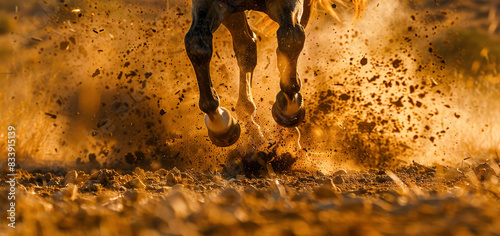 Dramatic close-up of a horse's hooves kicking up dust while running, capturing the power and energy of the animal in motion. photo