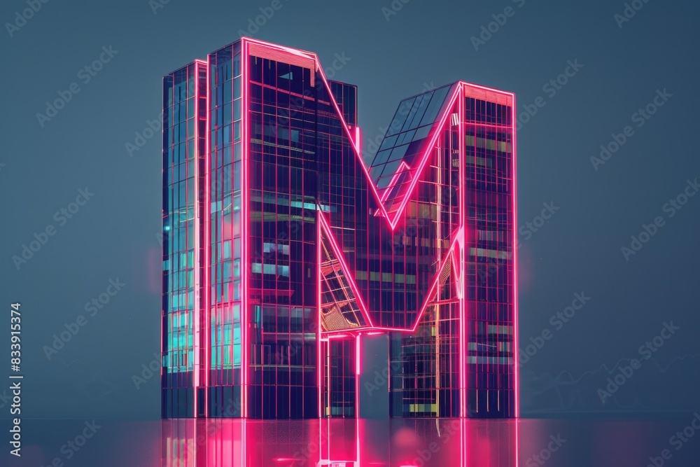 Fototapeta premium A high-rise building with a prominent neon sign featuring the letter M, ideal for use in cityscape or urban landscape designs