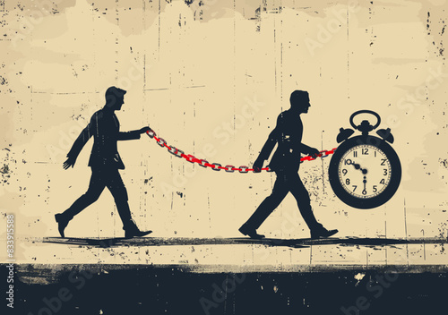 Business Managers Chasing Time Symbolized by Pocket Watch, Minimalistic Vector Illustration Depicting Urgency and Deadline in Professional Environment, Silhouettes with Grunge Background