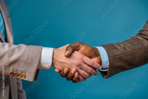 The image captures a close-up of a handshake between two individuals, likely in a business or professional setting. Both individuals are wearing business attire;