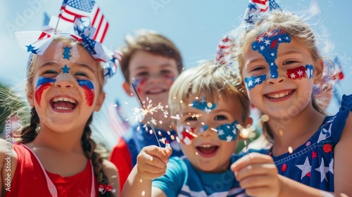 Happy children celebrate Independence Day with sparklers and face paint.
