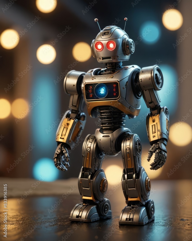 A Sleek Toy Robot with Futuristic Design, Metallic Silver and Blue with LED Lights, Standing on a Wooden Table, Surrounded by Other Toy Gadgets, Photographed in Hyperrealistic Cinematic Style A Sleek Toy Robot with Futuristic Design, Metallic Silver and Blue with LED Lights, Standing on a Wooden Table, Surrounded by Other Toy Gadgets, Photographed in Hyperrealistic Cinematic Style