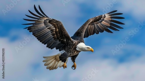 A majestic bald eagle in flight with its wings spread wide against a blue sky.