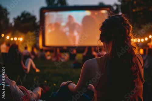 Outdoor Movie NightsScenes of families and friends watching movies on large outdoor screens, often in parks or open fields
