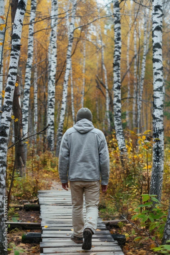 A person walking down a narrow wooden path surrounded by trees, possibly hiking or exploring A person walking down a narrow wooden path surrounded by trees, possibly hiking or exploring