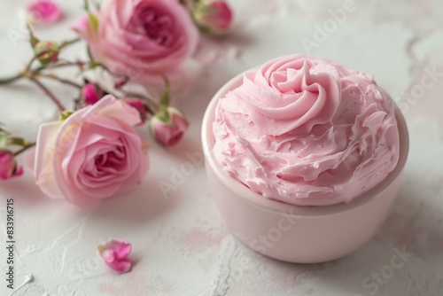 pink rose-scented body butter in a light pink container placed on a textured white surface, soft, soothing, luxurious © World of AI
