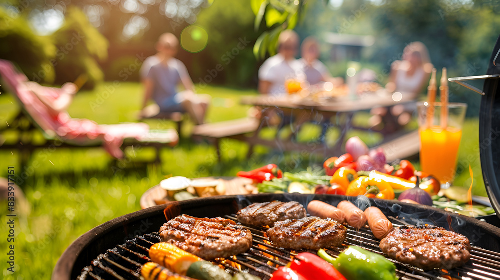 A backyard barbecue with a grill full of sizzling burgers, hot dogs, and vegetables. Friends and family gather around a picnic table, enjoying the food and summer warm weather A backyard barbecue with a grill full of sizzling burgers, hot dogs, and vegetables. Friends and family gather around a picnic table, enjoying the food and summer warm weather