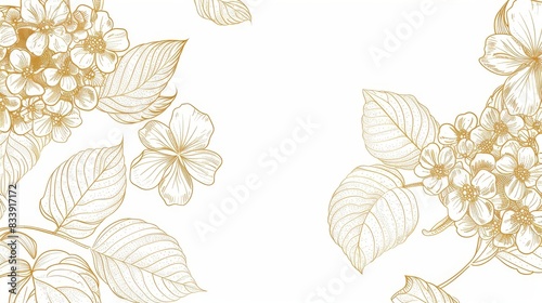 Hydrangeas floral, luxury botanical on white background vector, empty space in the middle to leave room for text or logo, gold line wallpaper, leaves, flower, foliage, hand drawn