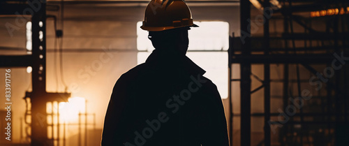 A silhouette of construction electrician working in a factory, worker with helmet, electrical worker in action