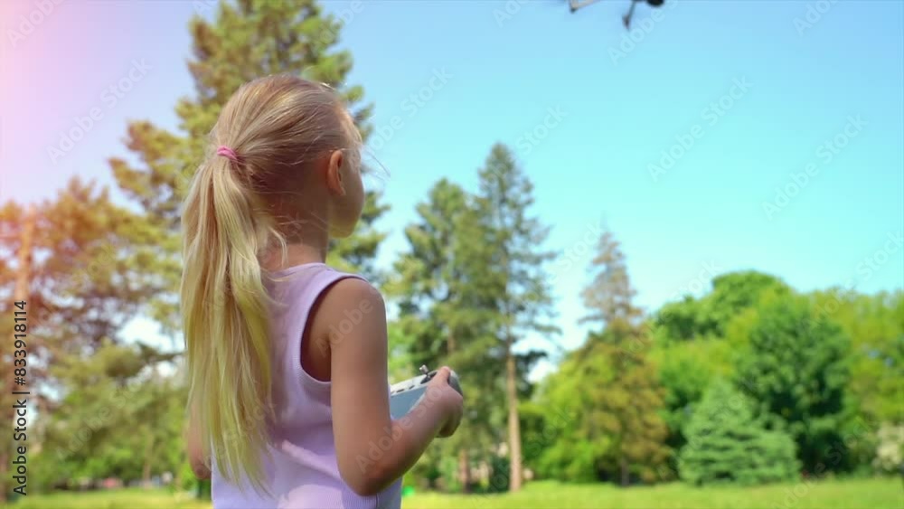 Happy girl plays with a drone in nature. Child controls the drone using a remote control. A cute girl controls a drone in the park.