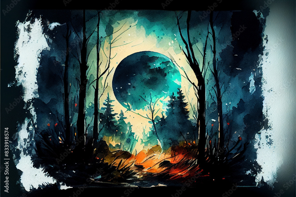 Fototapeta premium Mystical night landscape, forest and huge moon in the background. Watercolor illustration.