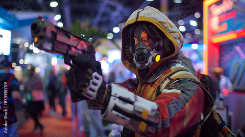 A cosplayer dressed as a popular game character, posing dynamically at a gaming convention. 