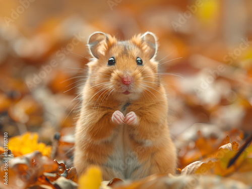 Cute little fluffy hamster on yellow background.