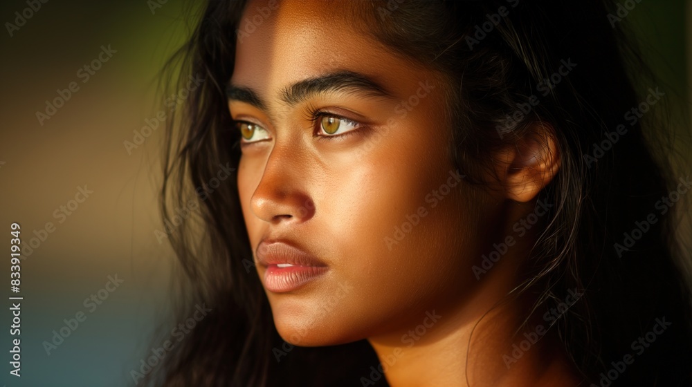 A woman with long, dark hair and golden eyes looks off to the side, bathed in warm light A woman with long, dark hair and golden eyes looks off to the side, bathed in warm light