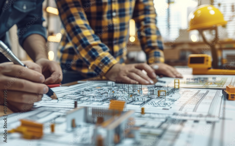 Fototapeta premium Around the table, three engineer discussed construction plans, focusing on professional design drawings and project management. Generative AI.